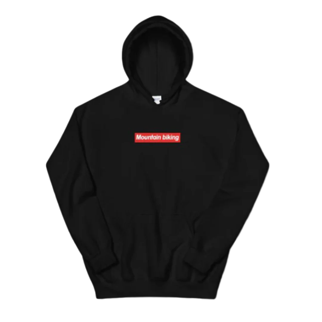 Black hoodie with text Mountain Biking supreme style red box